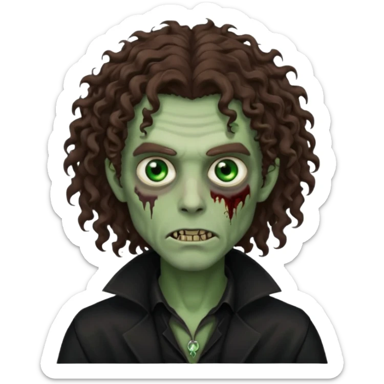 long curly haired male zombie with brown hair color and green eye color, with dark vampire clothes sticker