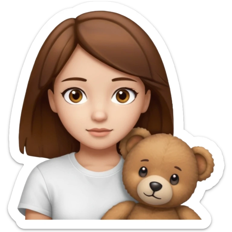 A Girl with Brown hair and Brown eyes with a t-shirt of a Teddy bear sticker