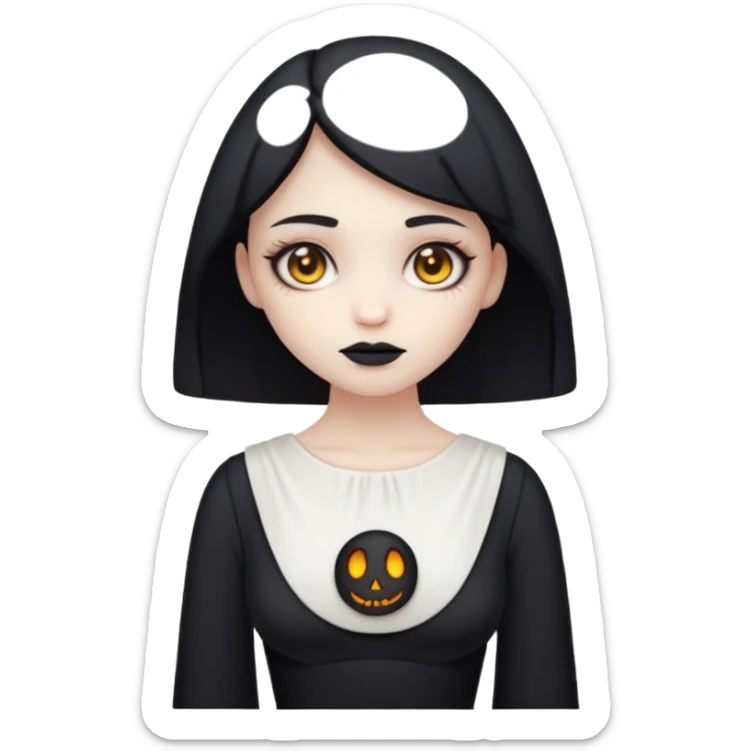 Stylized cult cartoon girl emoji, eerie-cute aesthetic, symmetrical design, subtle spooky vibe, glowing eyes, saying “AMILK”, bold graphic icon sticker