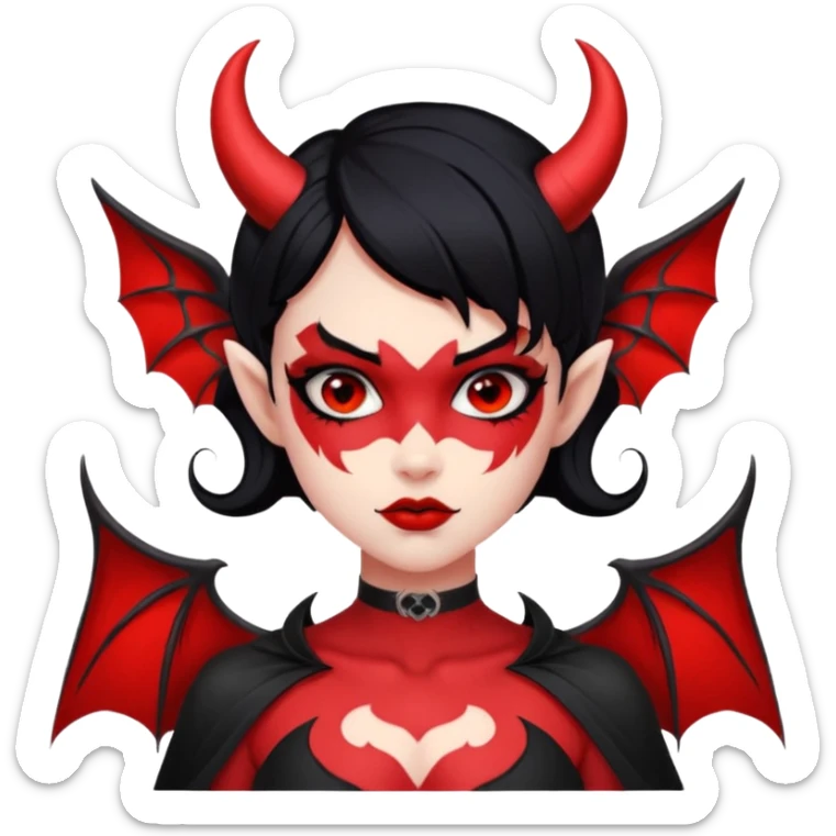 Demon girl: red skin, black hair, small horns, bat wing; tattoo-flash comic style; red/black palette; bold outlines; dark background; no text. sticker