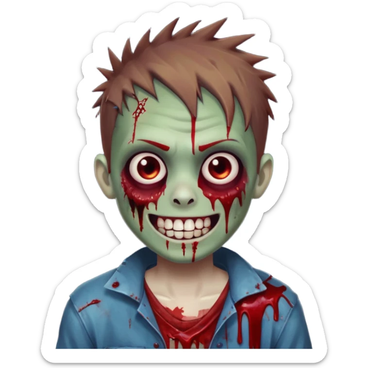 zombie boy with brown short spiky hair, white skin, and white eyes; an open smile, and bloodied teeth; sticker