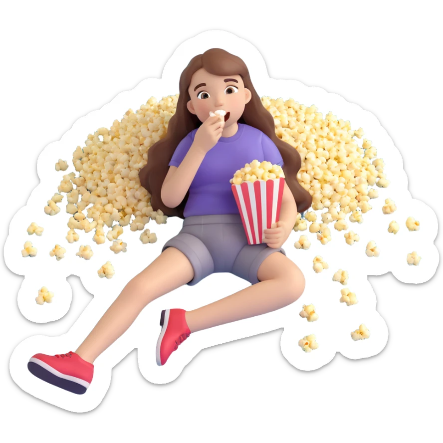 white girl with long hair lying on the floor, eating popcorn, emoji style sticker