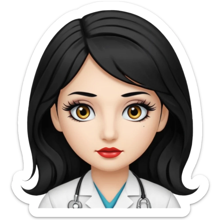 Nurse, long hair,black hair, black eyes, false eyelashes, makeup, eyeliner,  sticker