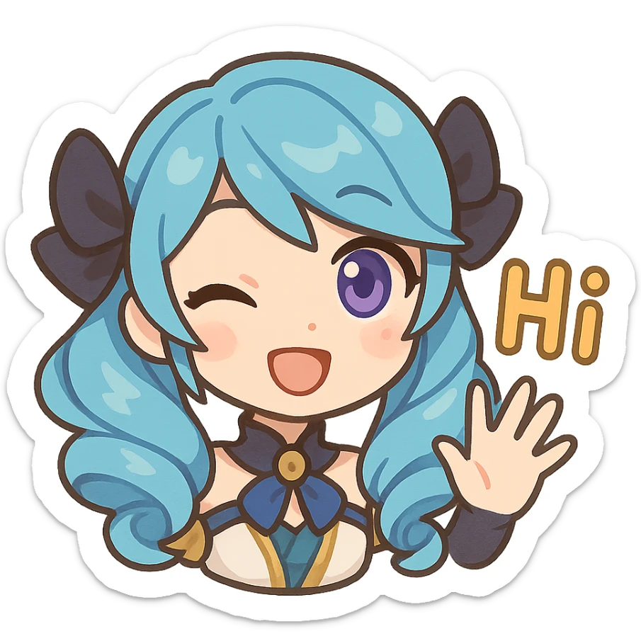 Gwen from League of Legends, chibi style, only head, hi emote, right eye purple, sample 2 sticker