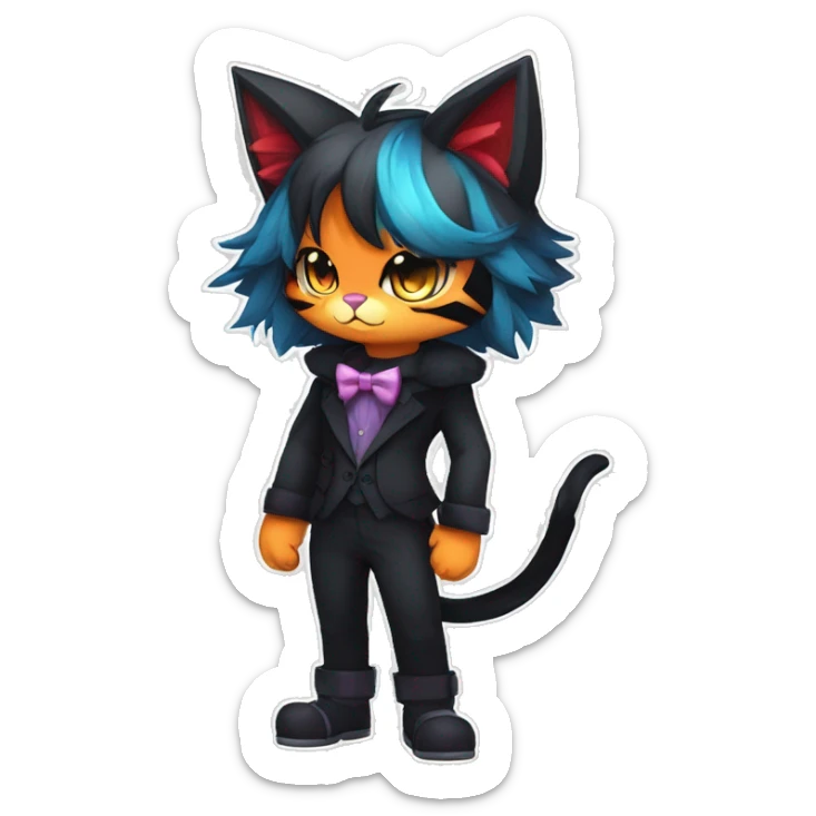 Shiny Dark Cool Edgy Black beautiful ethereal fantasy Kawaii Sona Litten-Fakemon-cat-animal with edgy bat-ears bow tie black emo-mane vtuber model Full Body sticker