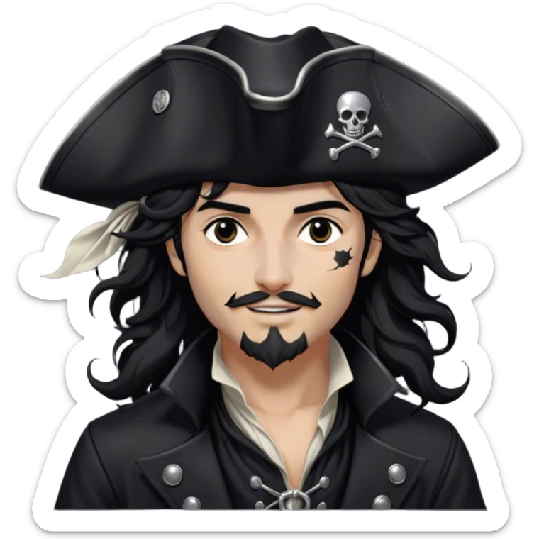 A charismatic pirate with wavy black hair tousled by the breeze. His silver-embroidered tricorn hat casts a shadow. Dark eyes glint with mischief as he looks to the side, a knowing smile on his lips. His black coat, adorned with silver buttons, shifts with the wind sticker