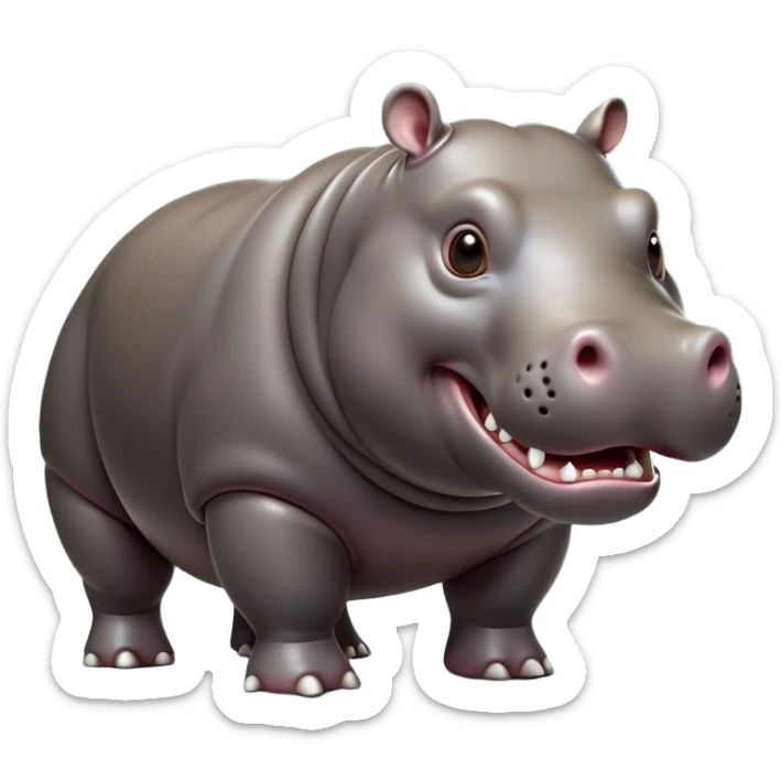 cinematic-hippo-realistic-full-body side view-standing on all fours-emoji,-massive-round-frame,-wide-mouthed-grin-exposing-huge-teeth,-head-tilted-dramatically,-thick-greyish-brown-hide-glossy-from-water,-simplified-yet-realistic-focused-features,-highly-detailed,-glowing-with-an-almost-sarcastic-glow showing only 4 theeth sticker