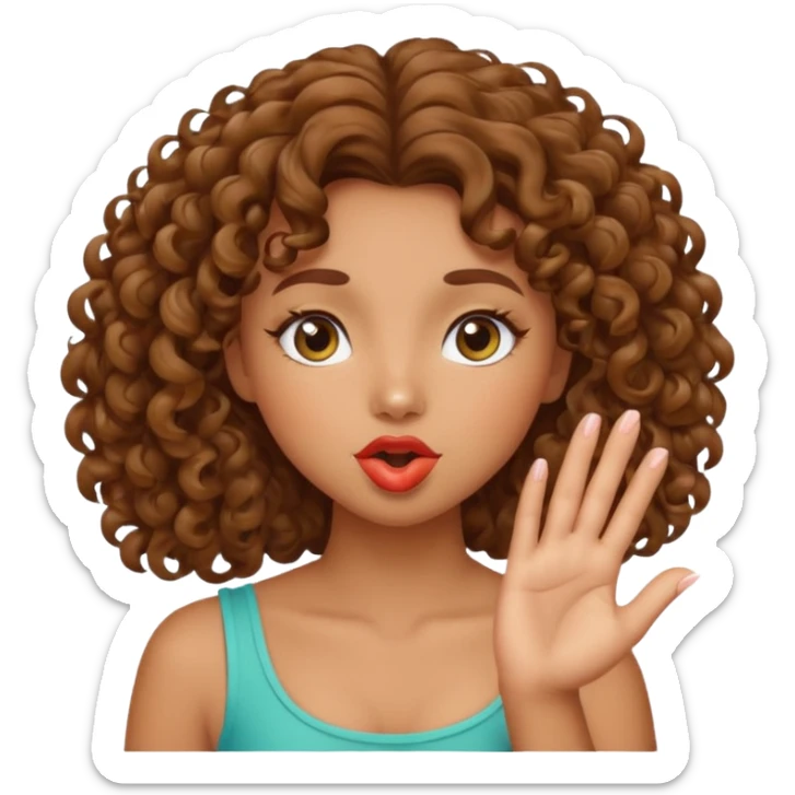 Tan girl with curly brown hair blowing a kiss sticker