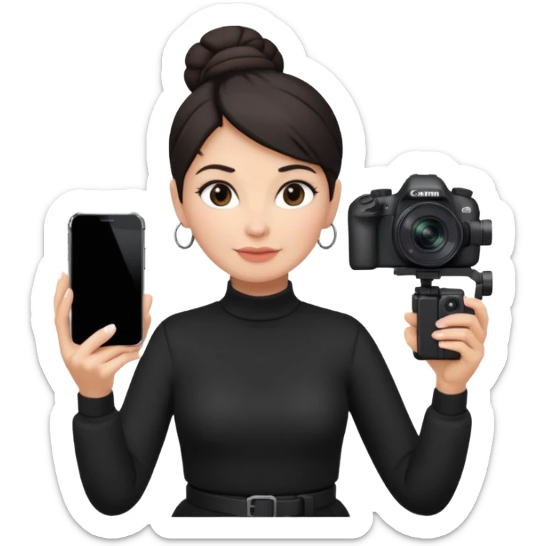middle aged woman photographer with dark hair in a bun, wearing black clothes, carrying a canon r5 and an iPhone on a gimbal sticker