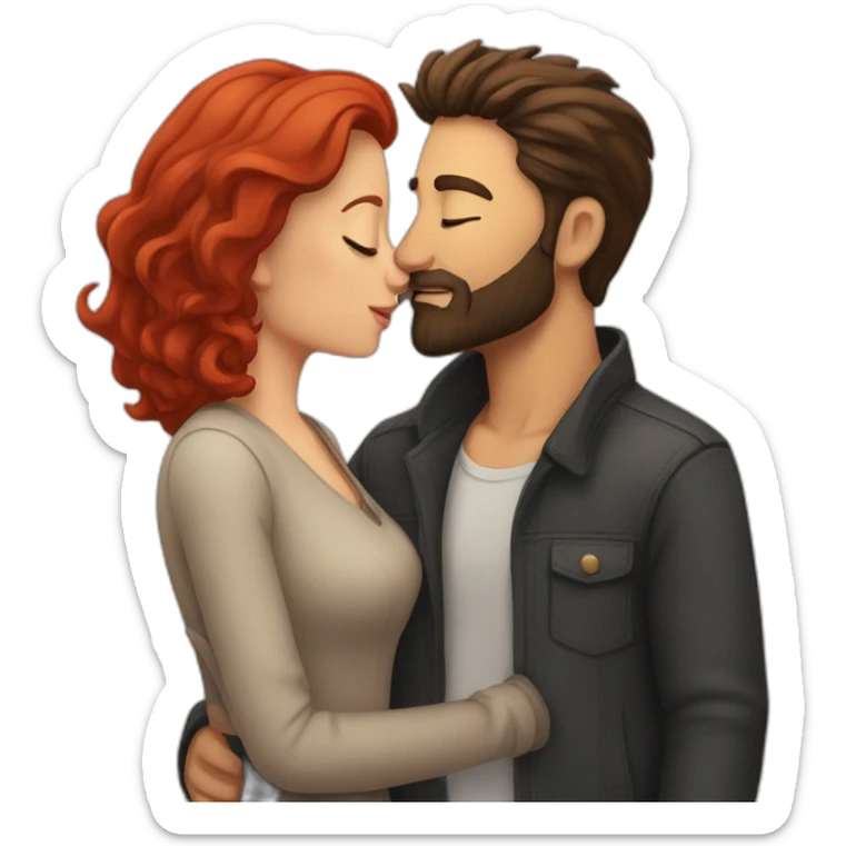 a bearded man with dark hair kissing a woman with red hair sticker
