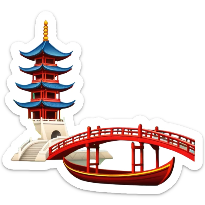 Hangzhou West Lake with traditional boat and bridge, simplified emoji style with bold outlines and bright colors, cartoon style pagoda by lake sticker