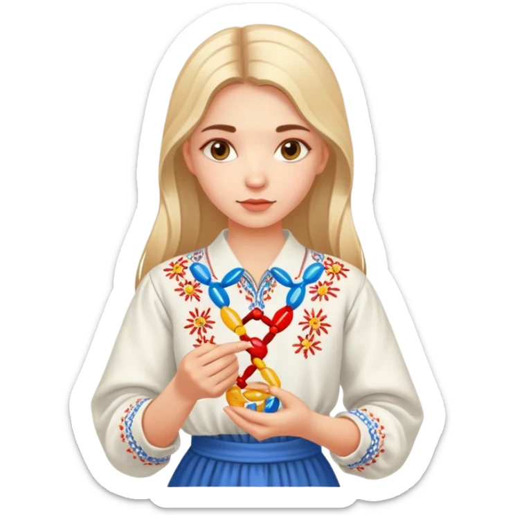 Ukrainian girl in traditional embroidered vyshyvanka shirt holding a DNA molecule in her hand sticker