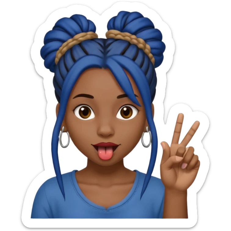 brown girl with dark blue dreads all in a bun with tongue out holding up middle finger sticker