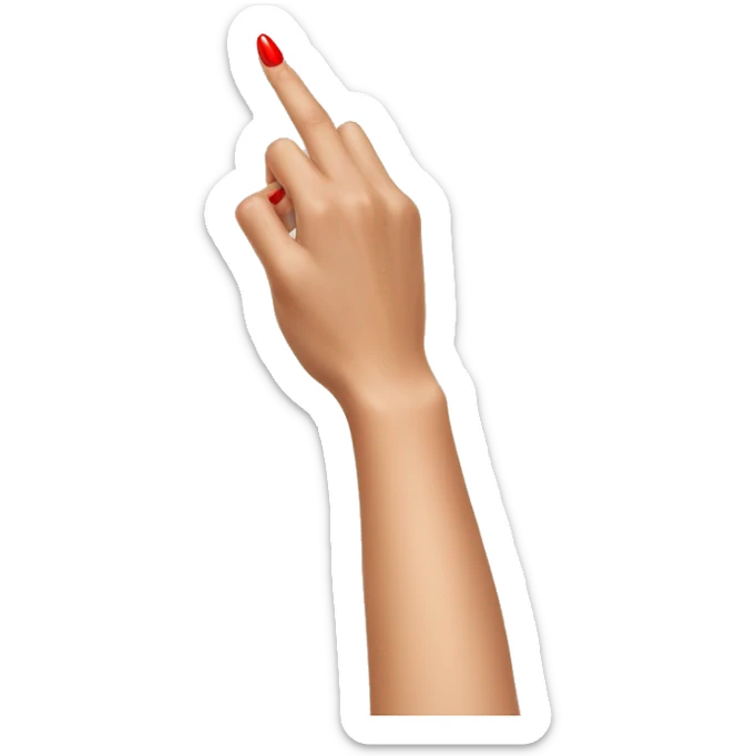woman hand pointing index finger, red nail varnish. top of the hand is showing sticker