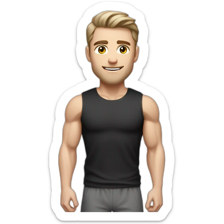 Pale skinned Fit Man With the biceps and dark brown hair in black shirt, gray sports shorts and white Sneakers His right hand near his back of the head sticker