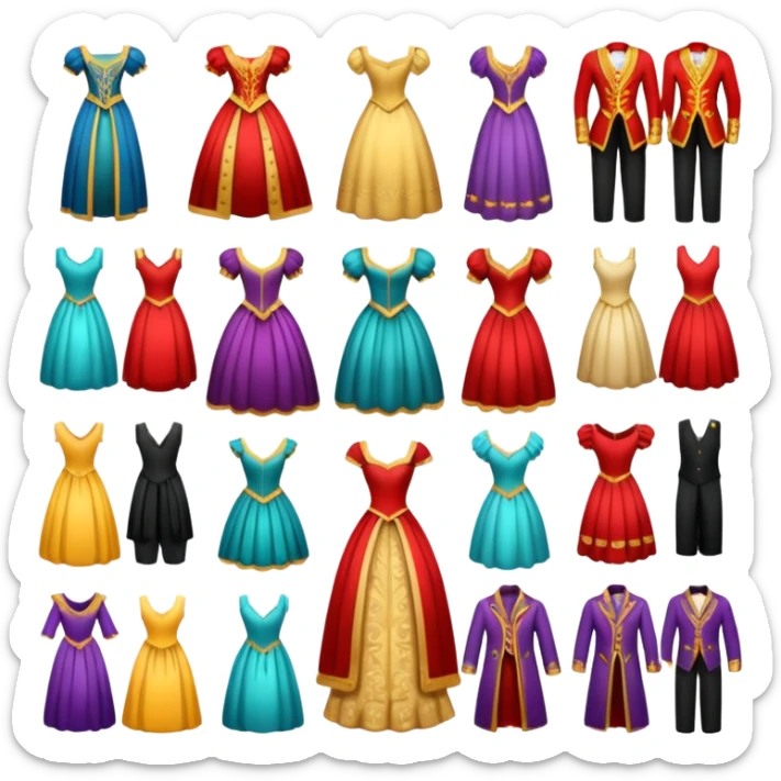 create a series of images for Theatre costumes Inventory showing a variety of costume styles without a person sticker