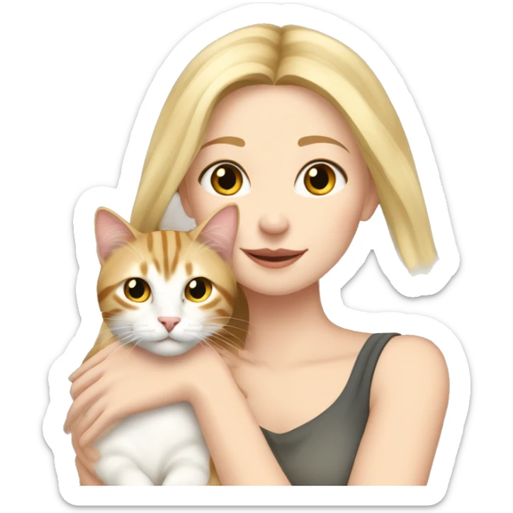 pretty woman with pale skin, very long blonde hair  hugging a tabby cat sticker