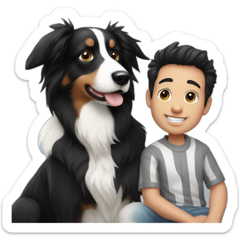 A family photo of a 30-year-old boy with very long black hair next to a black and white border collie sticker
