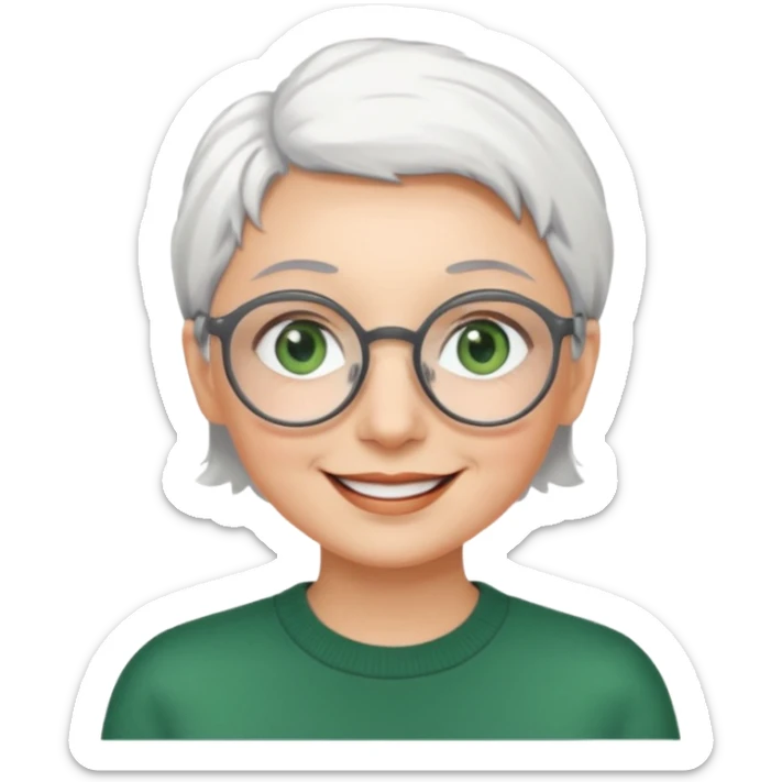 visage femme a lunettes ronde avec cheveux courts gris-blancs aux yeux verts qui souris sticker