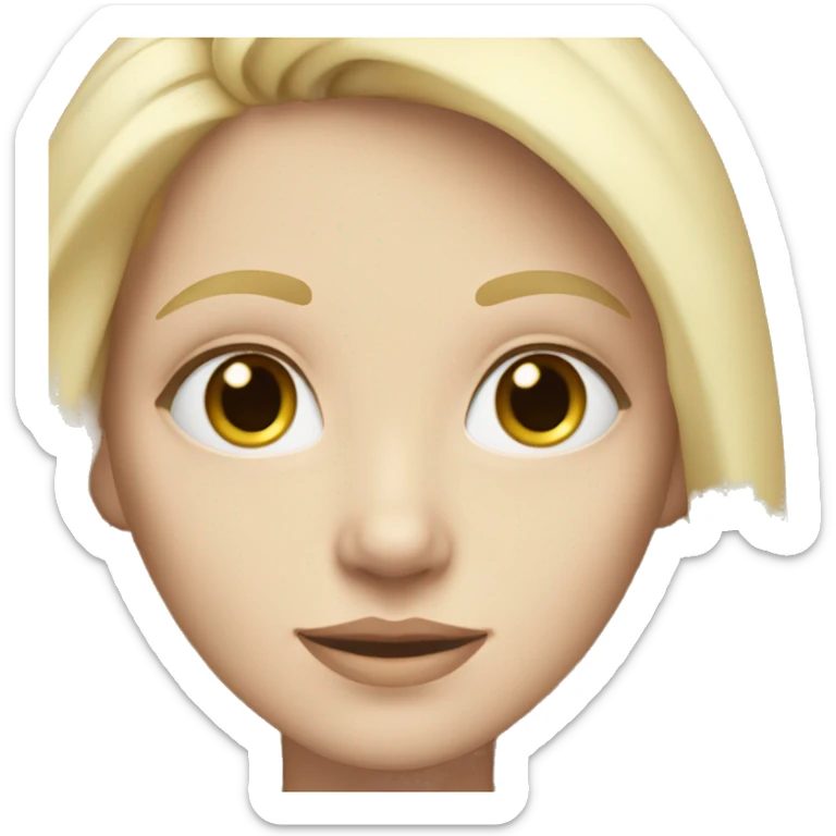 White woman with white yellowish long hair, very light skin, smaller eyes, hair is long and thin, blue eyes sticker