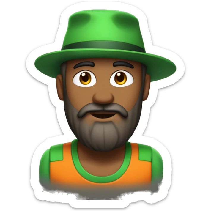 A green-eyed, orange dress, hair on his chest, green hat, one eyebrow, extreme bearded person sticker