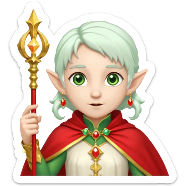 an elf with very white hair and two  pigtails on the side of her head, she has a curtain bang, green eyes, she has a white cape with golden borders and a scepter with a red orb, she has earrings that look like red drops sticker
