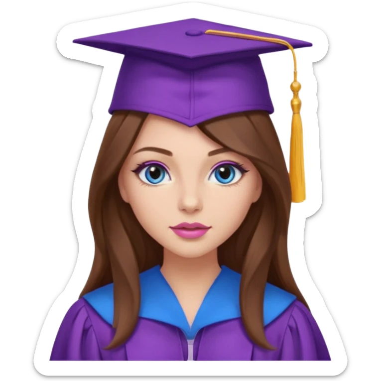 girl with gorgeous long brown hair, blue eyes, long lashes makeup, sexy pink lips, wearing a purple graduation cap and gown sticker