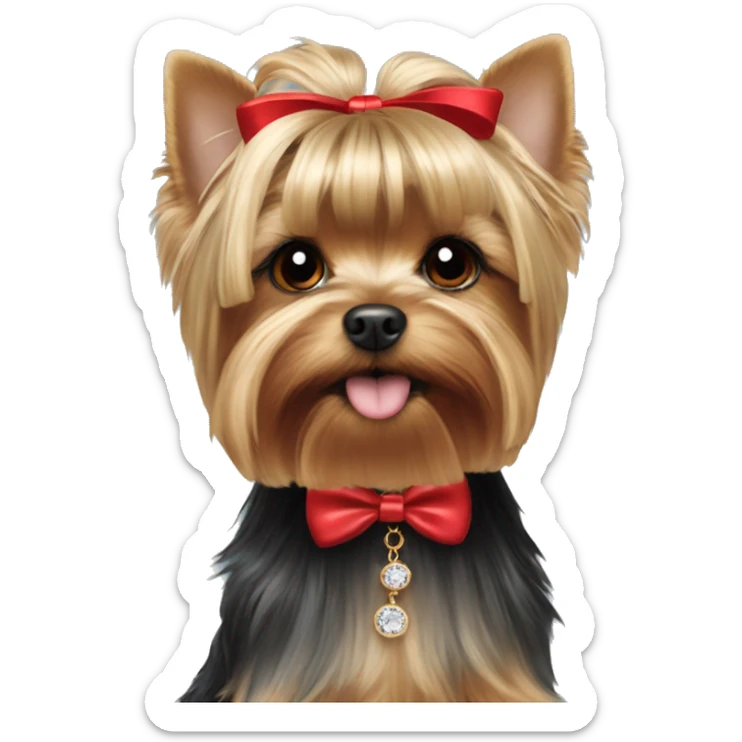 Yorkie face with red bow on hair on top of head and a necklace that says Prada sticker