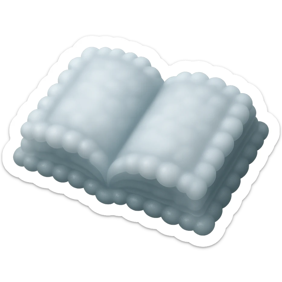 top view of a thick open book made entirely of small, very bright white fluffy convex clouds, matte glass style, no background sticker