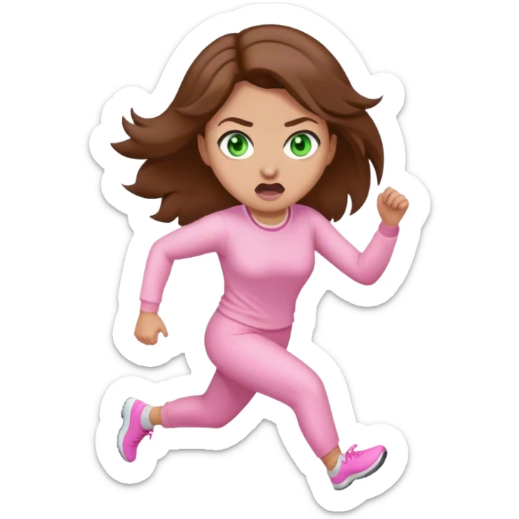 pretty woman with very long brown hair and green eyes and light pink outfit running scared sticker