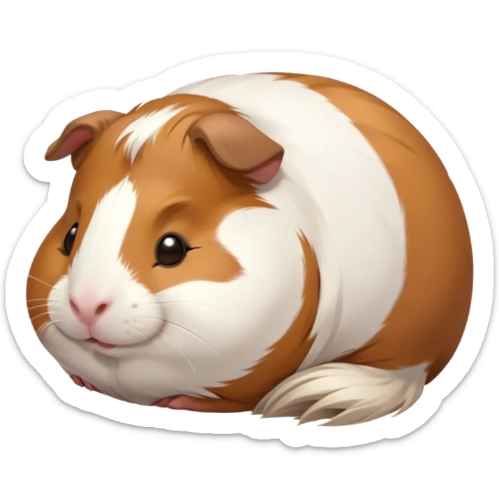 Meme-Worthy Cute Sleeping Brown and White Banded Guinea Pig Portrait Emoji, Head resting peacefully with a contented smile, showcasing a delightfully chubby build and a luxuriously soft banded fur of brown and white, eyes shut in a serene, cozy nap, Simplified yet hilariously adorable features, highly detailed, glowing with a soft, drowsy light, high shine, relaxed and utterly lovable, stylized with an air of playful laziness, bright and heartwarming, soft glowing outline, capturing the essence of a comically sleepy guinea pig, so meme-worthy it feels like it could instantly become the next viral sensation of adorable slumber! sticker