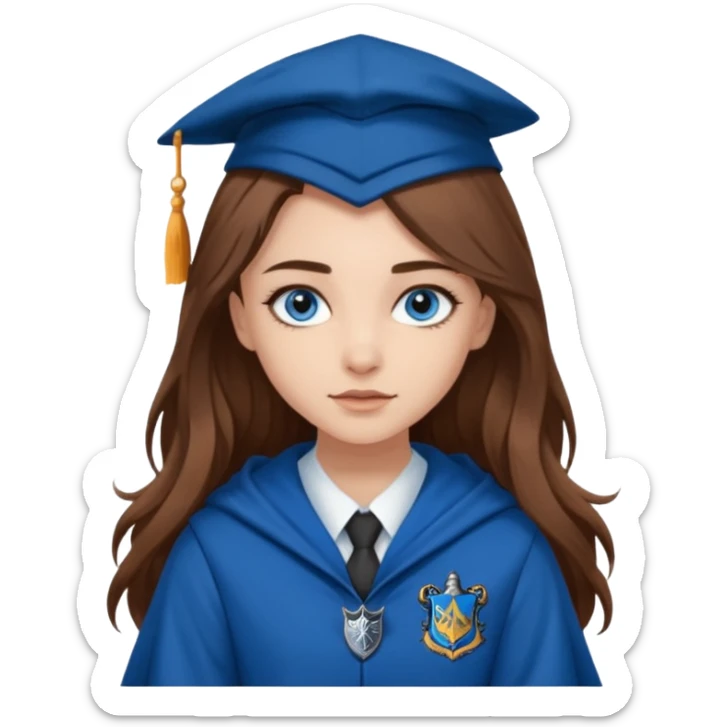 gorgeous Girl with light skin, blue eyes, long brown hair, wears a ravenclaw outfit sticker
