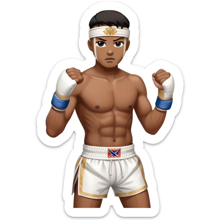 ​Cinematic Realistic Traditional Muay Thai Fighter such as Buakaw Banchamek, depicted in authentic attire featuring white bandaged gloves wrapped around his fists, a traditional headband tied neatly, and classic Muay Thai shorts, captured in a dynamic fighting stance under dramatic, high-energy lighting that highlights the raw power and elegance of the art, sticker