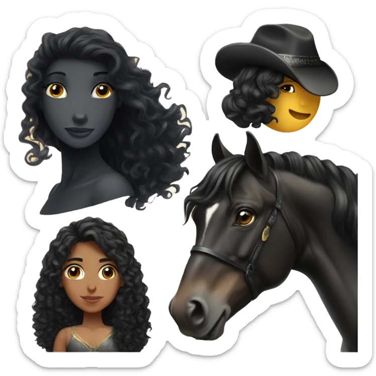  girl, long black curly hair, next to a black Arabian horse sticker