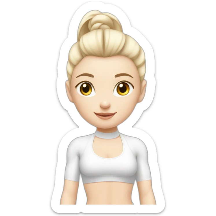 Pale skinned fit woman In a white tight yoga suit With ash blonde hair in a ponytail and gray eyes doing yoga sticker