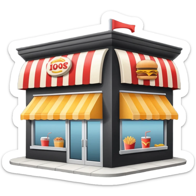 front of fast food building with awning, windows, and a glass door in the center sticker