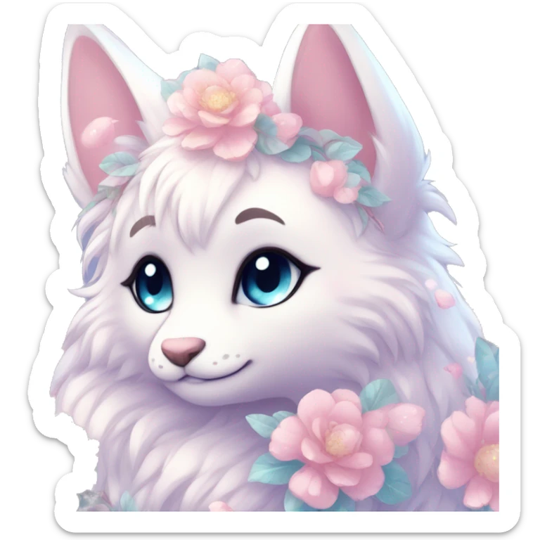 Anthro Cute Cool Blushing Pastel Innocent Shy Kawaii gorgeous sparkly ethereal fantasy anime animal creature with blue eyes furry sona with flowers and ribbons beautiful aesthetic sticker