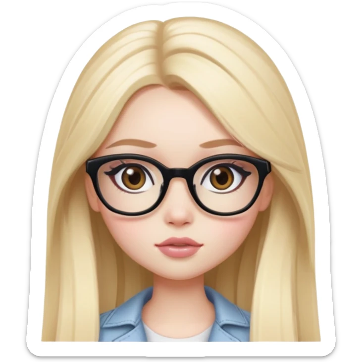  long blonde hair, pale skin, brown eyes, glasses, pretty bratz baddie, black eyeliner, blush sticker