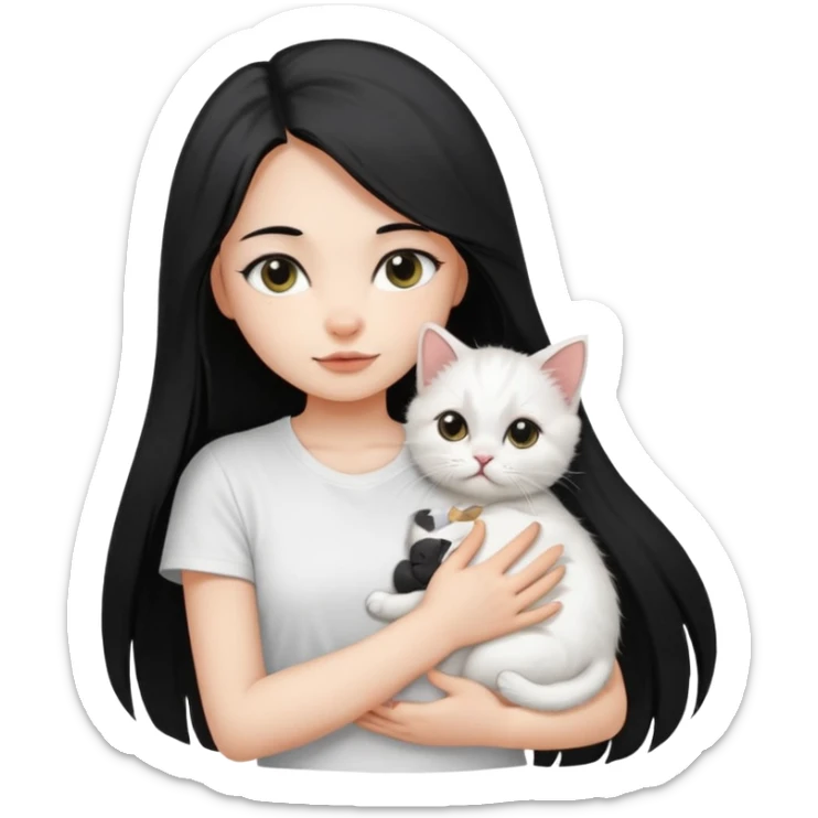 a girl with long dark black straight hair, in a white t-shirt, hugs a persian kitten 3 months old had a half spot black on her face and white one cat. emoji | AI Emoji Generator sticker