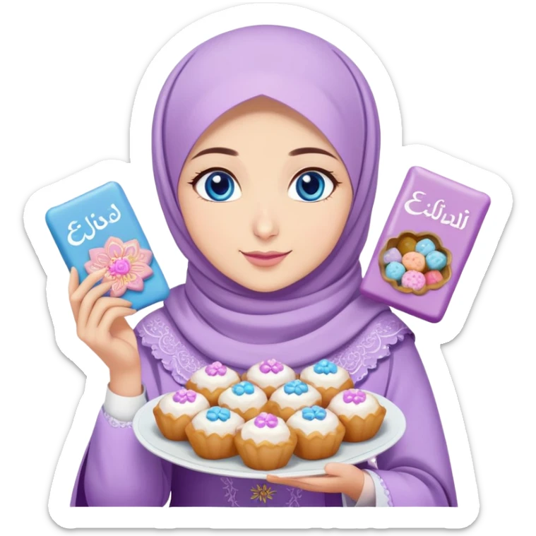 Turkish beautiful finish Konya girl blue eyes with lilac floral hijab islamic dress and had on her hand text Eid Mubarak with sweets and celebrating with her friends eid days   sticker