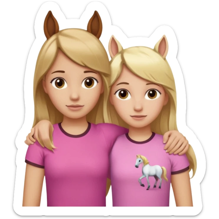 Two Girls with their arms around each other at summer camp one blonde one brown hair brown hair wearing pink horse shirt no horse ears sticker