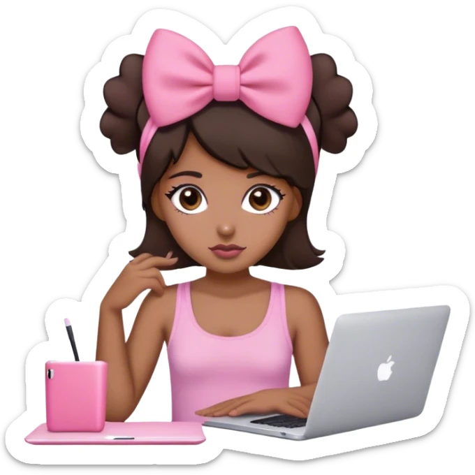 brown girl with dark brown hair with Mac book in front of her and a pink bow on her head dark brown eyes pink tank top and a little bit of blush  sticker