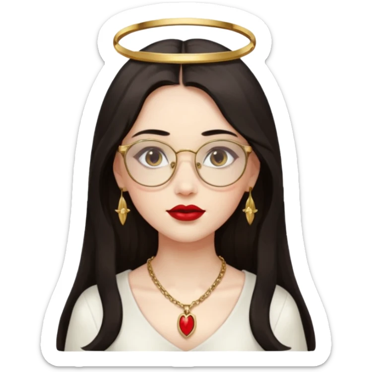 Angel girl with eyeglasses and long dark hair with red lipstick  and push gold necklaces and dark eyes sticker