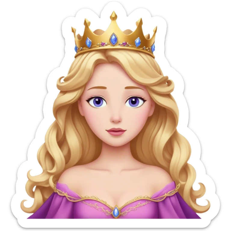 Cinematic Realistic Sleeping Beauty (Aurora) Portrait, with porcelain-like skin featuring a natural rosy flush, illuminated by soft lighting that highlights the gentle contours of her face. Her golden blonde hair flows in soft, detailed waves with subtle highlights that shimmer in the light. Her deep violet-blue eyes radiate warmth and innocence, framed by arched brows and long lashes. Her serene expression exudes quiet elegance. She is dressed in her classic pink gown, the fabric rich in texture with delicate folds that catch the light. A golden crown rests atop her head, gleaming with royal refinement. The portrait captures a soft, glowing aura, blending realism with an ethereal sense of beauty and timeless enchantment. sticker