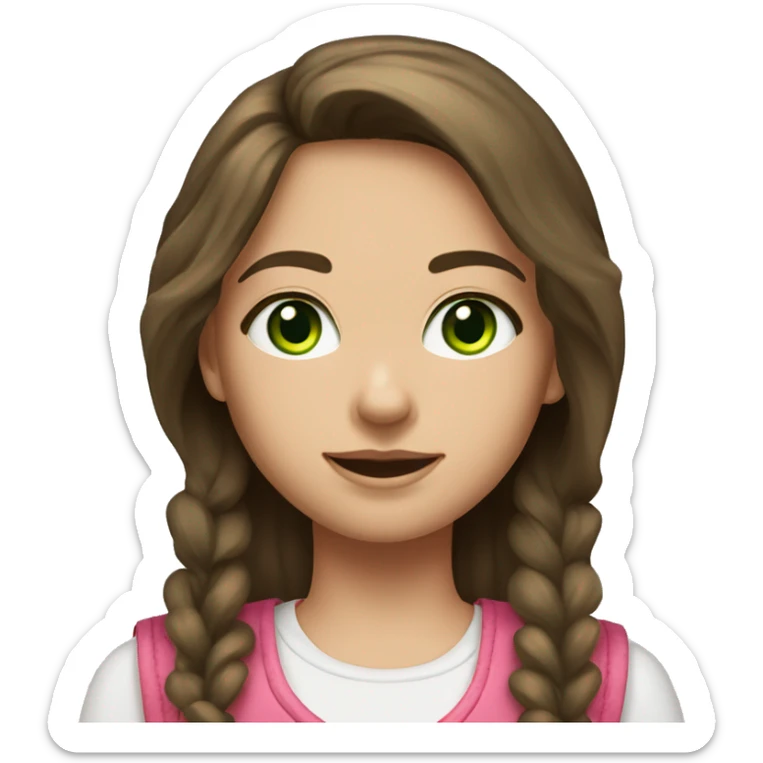 a girl with brunette hair and a pink vest with a white laced tank with flared jeans and green eyes sticker