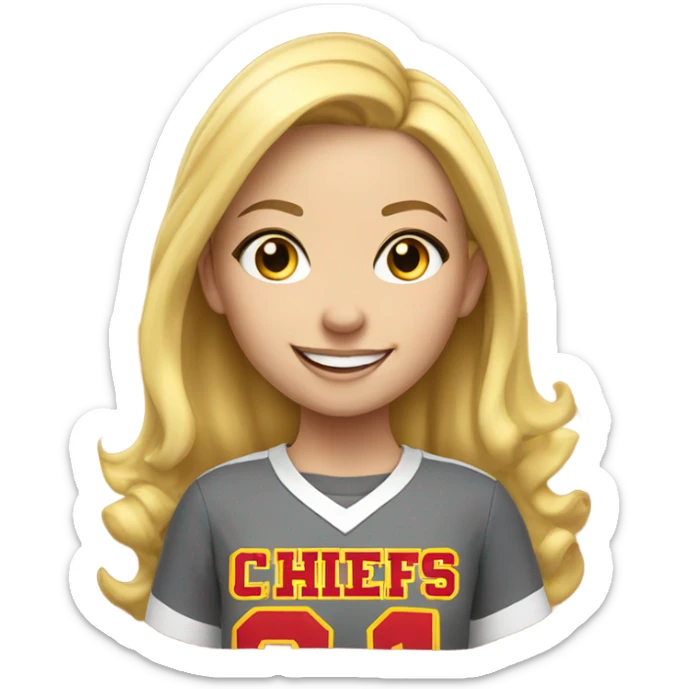 smiling girl with blonde hair and shirt with “Chiefs Kingsom” sticker