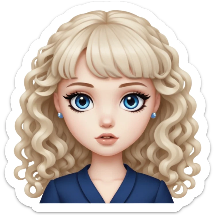 pale skin, bangs long curly brown hair, dark blue eyes, black eyeliner, pretty bratz baddie sticker