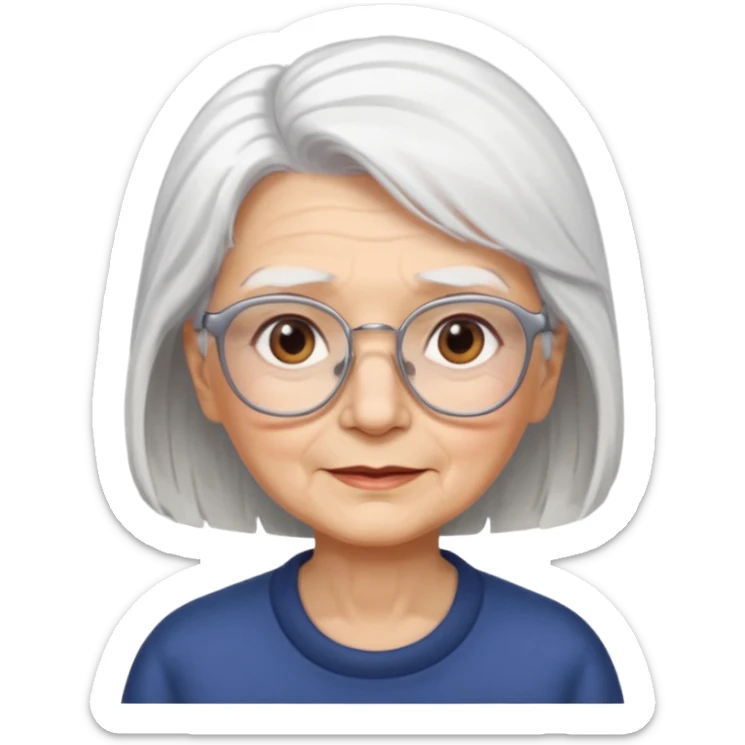 Create me emoji of an old lady. mid-size white hair to left side. Square glasses. Brown eyes. Rounded face sticker
