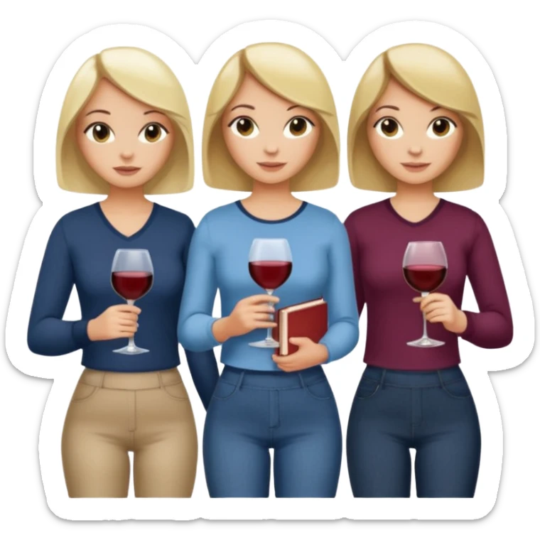 4 gals from the waist up in a casual top, each holding books and a wine glass. One has a blonde bob, one has a brunette bob, one has blonde long hair, and one has brunette long hair. sticker