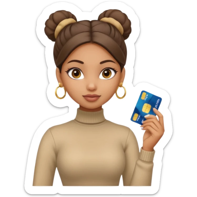 a pretty bratz fair indian girl wearing a beige turtleneck, golden earrings, bun, holding bank cards sticker